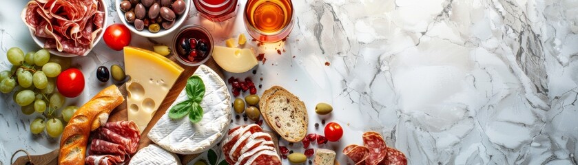 Wall Mural - A table with a variety of food items including bread, cheese, grapes, olives