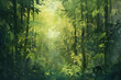 A painting of a lush green forest with sunlight streaming through the trees