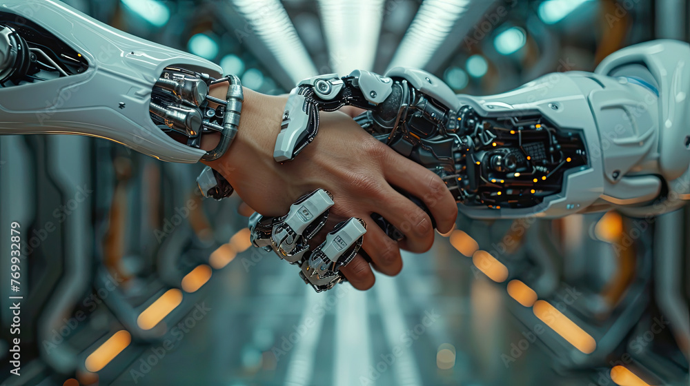 Handshake between human and robot in a research lab, working together ...