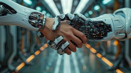 Handshake between human and robot in a research lab, working together for success - Concept about tech innovation, machine learning progress and partnership with future Artificial General 