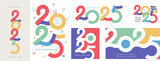 Fototapeta Młodzieżowe - Set of Colored 2025 new year design concept for Christmas, celebration, season decoration. Calendar, poster, flyer and social media post template. Trend 2025 new year celebration. Vector modern logo.