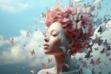 Wall Mural - woman's head with butterflies coming out