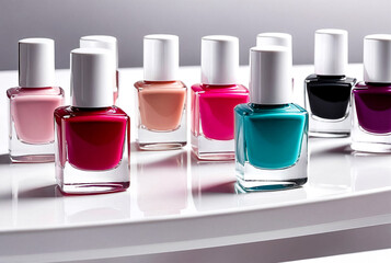 Samples nail Polish shades on white service table background. Set color palettes for manicure or pedicure. Nail Polish palette for painting nails. View nail in beauty salon. I focused on blue color