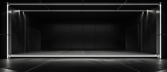 Wall Mural - Panorama of modern dark stage, black room with white led light, studio or showroom background. Concept of hall, garage, interior, building.