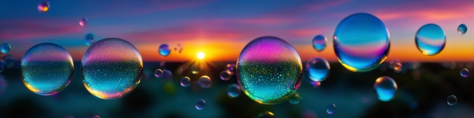 Wall Mural - Abstract colorful illustration transparent soap bubbles flying on sea sunset background. Background for banner, poster, website header, space for text.	