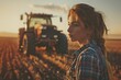 Female farmer in field with tractor at sunset. Agriculture industry concept. Farming lifestyle, farmland. Design for banner, poster with copy space