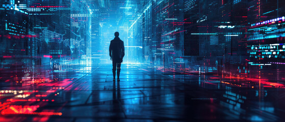 Wall Mural - man silhouette on digital data and lights background, person and abstract network information. theme
