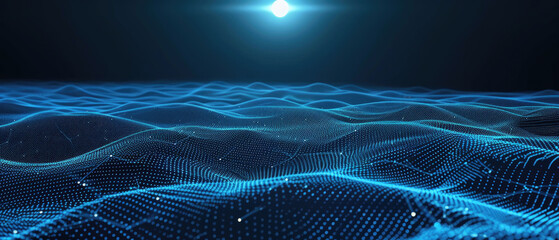 Wall Mural - cyber data abstract background, dark digital landscape with surface and sun. theme of network, futur