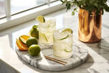 Fototapeta Mapy - Brunch cocktails with ice and limes on a marble countertop in a modern white kitchen