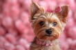This cute cartoon depicts a Yorkshire Terrier with a bow on a pink background