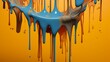 Close-up of thick blue paint dripping over a bright yellow background, with a high gloss finish and dynamic droplets