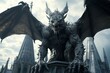 A massive gargoyle perched on a cathedral spire.