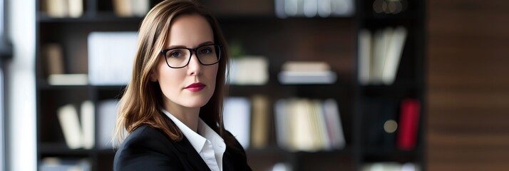 Wall Mural - A woman wearing glasses and a suit stands in front of a bookcase