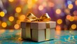 gift box with a golden bow on a festive multicolored background