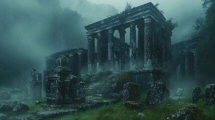  Amidst a sea of swirling mist, the ruins of an ancient temple emerge like specters from the past. 