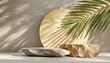 3d background with stone podium display nature rock pedestal with tropical palm leaf and shadow on gray background cosmetic beauty product promotion stand with plant studio 3d render illustration