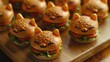Cute mini cat burger cartoon, Food animal concept, generative ai