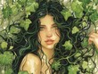 Beautiful Dark haired Woman like dryad in ivy leaves , Concept character Art, Art Nouveau embodies magical and refined essence of era. book cover