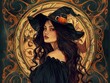 dark-haired beautiful woman, portrait, image of witch with hat and pumpkin , Art nouveau and anime style, low key