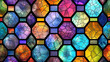 A digital hexagon mosaic background, with hexagons pieced together like stained glass in vibrant, contrasting colors, creating a kaleidoscopic effect.