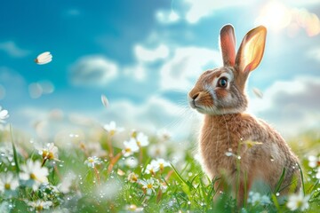 Wall Mural - The Easter bunny is on the grass