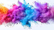 Vibrant explosion of rainbow holi powder paint on pristine white background captures joyful essence of colors in motion, creating visually stunning celebration of hues and festivities