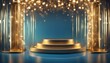 Empty podium golden on blue background with light neon effects with bokeh decorations. Luxury scene