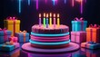 A futuristic neon-lit birthday cake with glowing LED candles, set against a backdrop of futuristic presents and holographic ribbons.