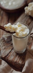 Wall Mural - A glass of milk is on a wooden table with a bowl of cheese and a spoon. The scene is simple and peaceful, with the milk and cheese being the main focus