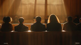 Fototapeta  -  A group of diverse jurors seated in the jury box, leaning forward to catch every detail of the testimony being presented, their focus illuminated by the natural light streaming through the courtroom 