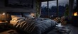 A cozy bedroom in a building with a bed, fireplace, and large windows bringing in the darkness of the night. The room exudes comfort with fur bedding and the sound of wind outside