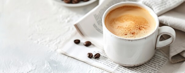 Wall Mural - Cup of coffee in white cup on table with white blanket. Coffee theme. copy space for your text