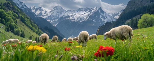 Wall Mural - A herd of sheep grazes on green wild meadow  surrounded by mountains