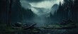 A misty forest enveloped in fog with a river flowing through, surrounded by towering mountains and a cloudy sky creating a mysterious and eerie atmosphere