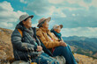 three senior korean women sitting on a mountainside, back view of old ladies relaxing in the fresh air, family values concept