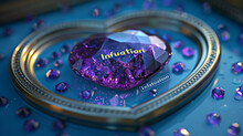 Close-up View Of A Amethyst Heart Emoji On A Blue Backdrop With "Infatuation" Label.