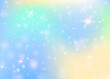 Hologram background with rainbow mesh. Girlie universe banner in princess colors. Fantasy gradient backdrop. Hologram magic background with fairy sparkles, stars and blurs.
