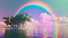 Palm Trees And Rainbow 80s Landscape In Vaporwave Style. Retrowave Vacation Background With Tropical Sunset And Palms