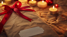 Up-close Image Capturing The Texture Of Kraft Paper, Accented By A Bold Red Ribbon And Surrounded By Glowing Candles.
