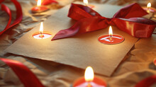 Up-close Image Capturing The Texture Of Kraft Paper, Accented By A Bold Red Ribbon And Surrounded By Glowing Candles.