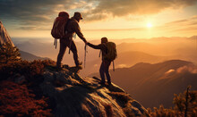 Two Fiernds - Hikers On The Mountain Top. Help Each Other To Reach The Mountain Top