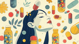 Fototapeta  - A illustration of woman with medicine and dietary supplements and vitamins into their daily routine, showcasing a commitment to preventative health care. Healthy wellness concept.