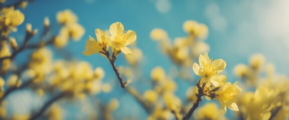 Spring background with yellow bloom blossoming under the blue sky