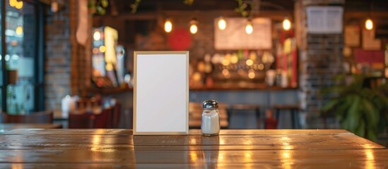 Wall Mural - Menu frame displayed on a wooden table at a bar, restaurant, or cafe, with room for text.
