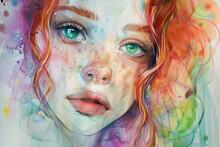 Vibrant Watercolor Redhead With Green Eyes - A Captivating Redhead With Green Eyes Emerges From A Kaleidoscope Of Vivid Watercolor Splashes