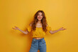 Photo of excited positive lady dressed cowskin top comparing arms empty space isolated yellow color background