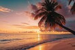 © RocknRoller Studios - Magical Sunrise Beach in the Caribbean. Scenic Vacation Shoreline. Tourism banner.