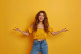 Fototapeta  - Photo of excited positive lady dressed cowskin top comparing arms empty space isolated yellow color background