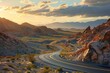 A long, winding road stretches through the barren desert landscape, disappearing into the distance, A highway snaking through a rocky desert scape at sunset, AI Generated