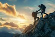 © Ifti Digital - A man is providing support and aid to another man as they climb a challenging mountain, A hiker assisting their friend as they climb to the mountain peak, AI Generated